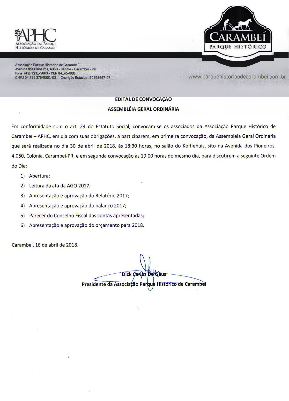 Edital de Convocação - Assembleia Geral Ordinária APHC
